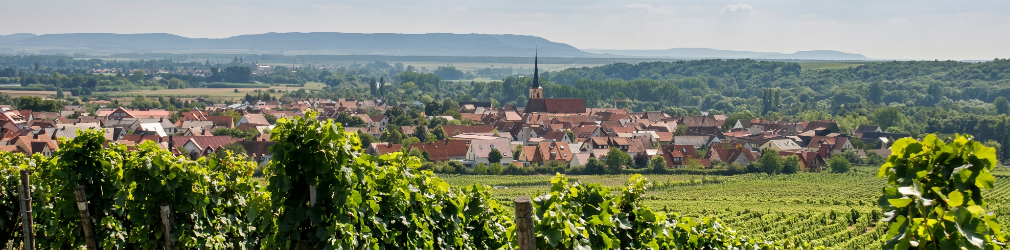 Panoramaansicht von Sommerach mit Weinbergen und Dorfkirche